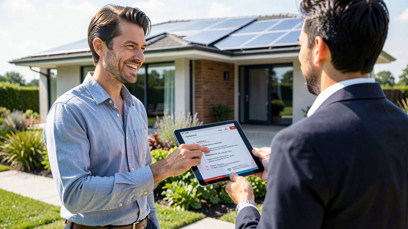 prix panneau solaire pour maison 100m2 illustré par un technicien expliquant les facteurs de coût à un client.