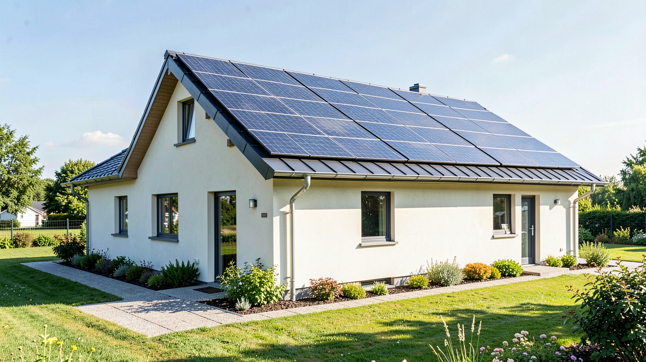 prix panneau solaire pour maison 100m2 montrant une installation complète de panneaux photovoltaïques sur le toit d'une maison