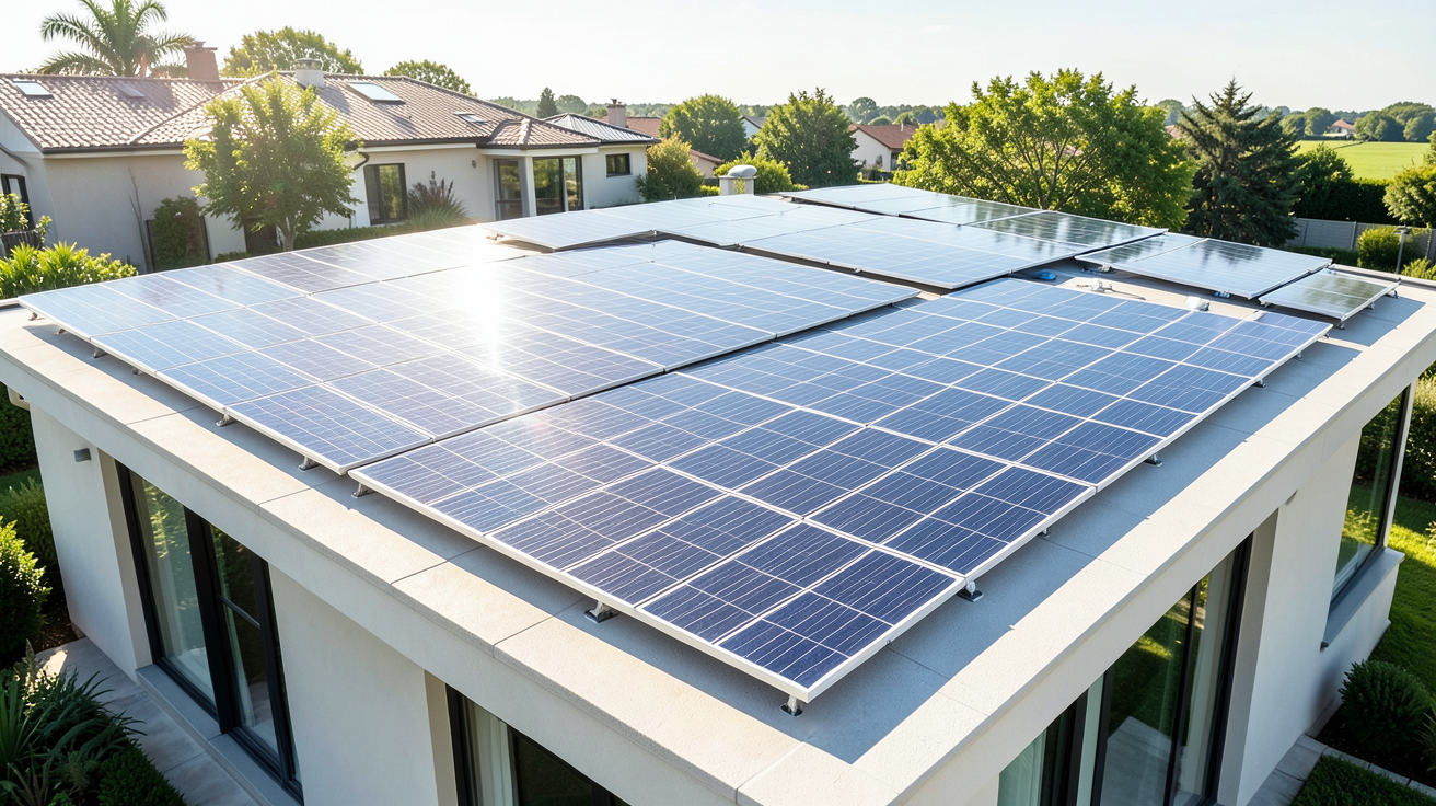 prix panneau solaire pour maison illustré par une installation professionnelle de panneaux photovoltaïques sur un toit