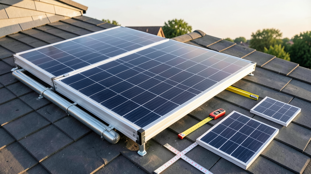 prix panneau solaire thermique m2 en 2024 avec outils de mesure et échantillons de panneaux sur un toit