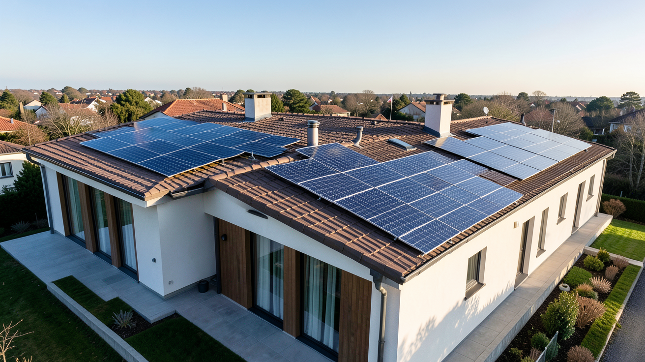 prix panneau solaire toit : comparaison de trois méthodes d'installation (surimposition, intégration, tuiles solaires) sur un toit de maison moderne