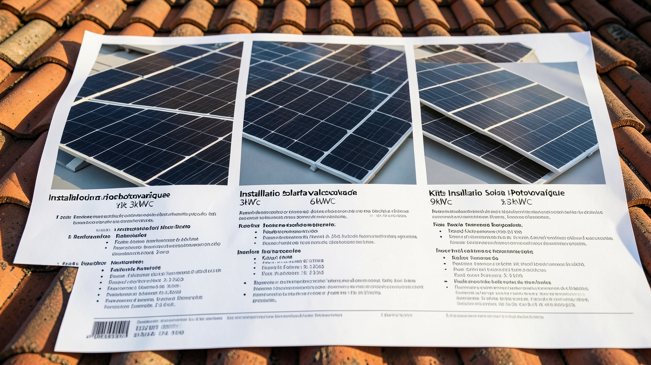 prix panneau solaire toiture affichant un devis pour des installations solaires de 3kWc, 6kWc et 9kWc en 2026