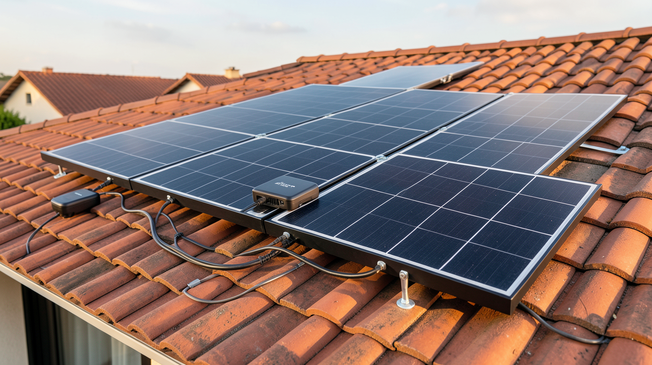 prix panneau solaire toiture : kit solaire plug-and-play installé sur une toiture en tuiles rouges avec panneaux noirs et micro-onduleur