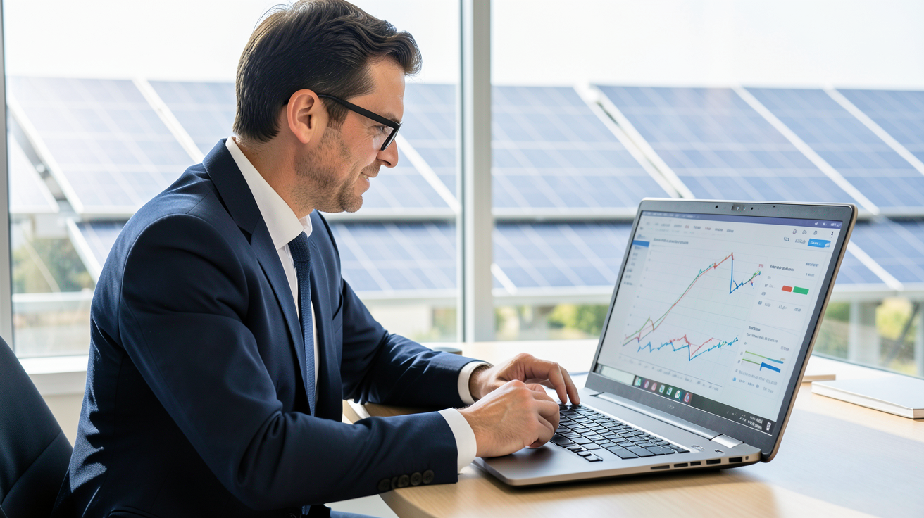prix panneau thermique calcul rentabilité retour sur investissement sur écran d'ordinateur avec panneaux solaires thermiques en arrière-plan