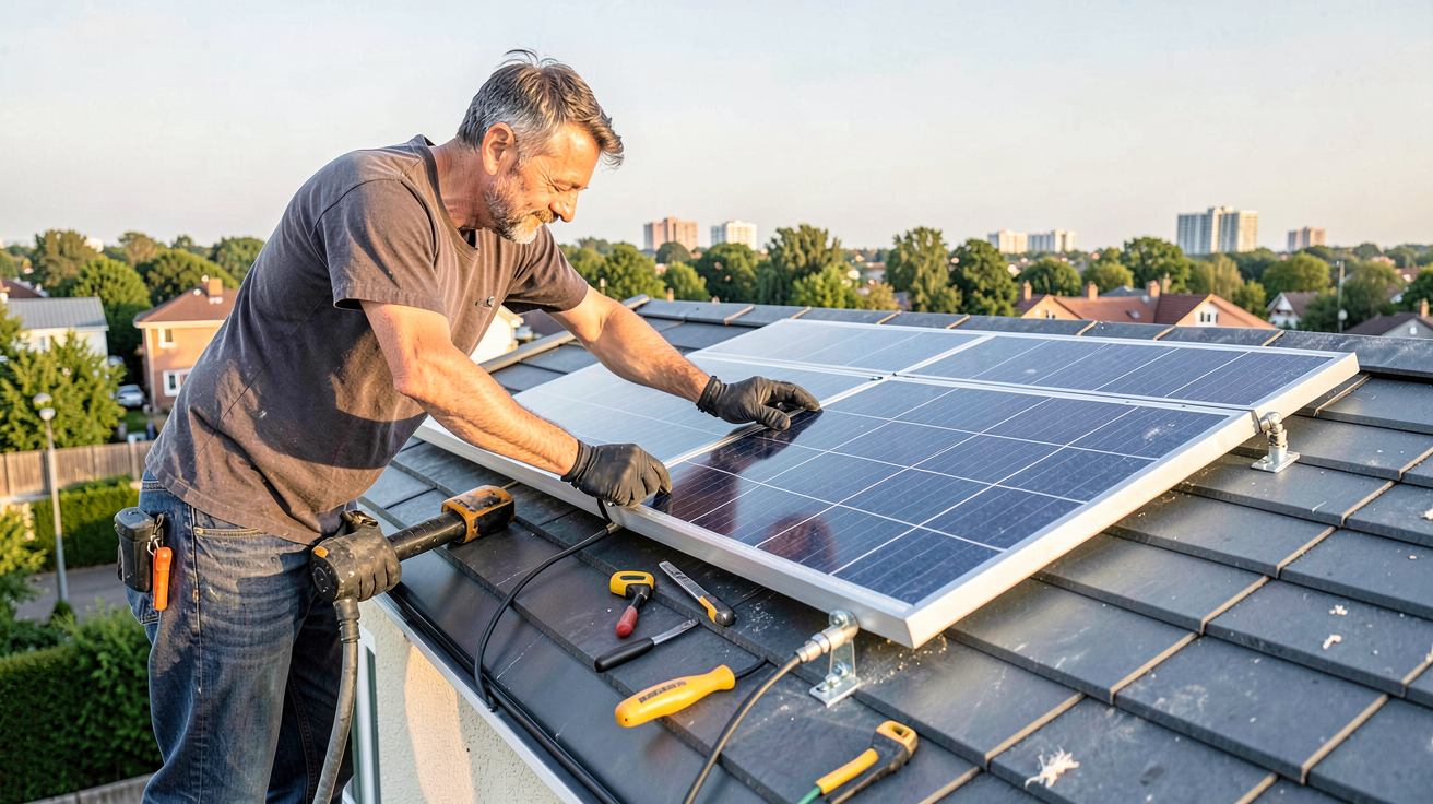 prix panneau thermique solaire processus d'installation étape par étape montrant un artisan posant un panneau solaire thermique sur un toit