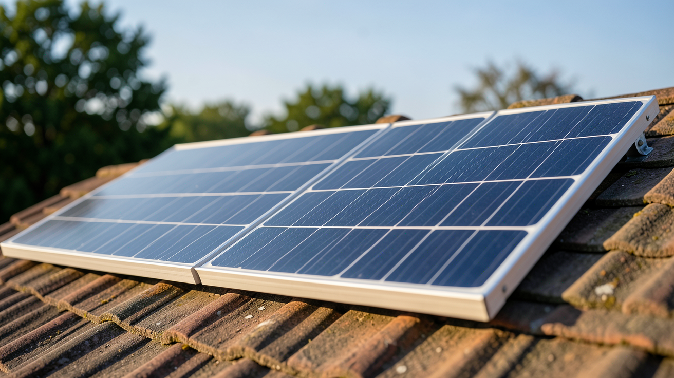 prix panneaux photovoltaïque 2024 : panneau solaire posé sur un toit en tuiles avec lumière naturelle