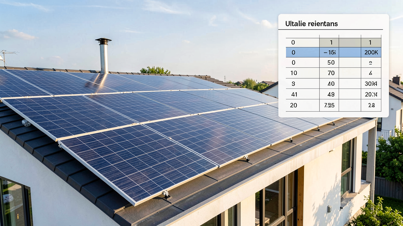prix panneaux photovoltaique m2 estimation du coût d’une installation solaire en 2026, vue sur un toit avec panneaux, calculatrice et plans