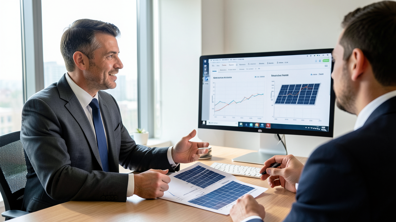 prix panneaux photovoltaiques 3kw : professionnel présentant un devis détaillé à un client dans un bureau moderne