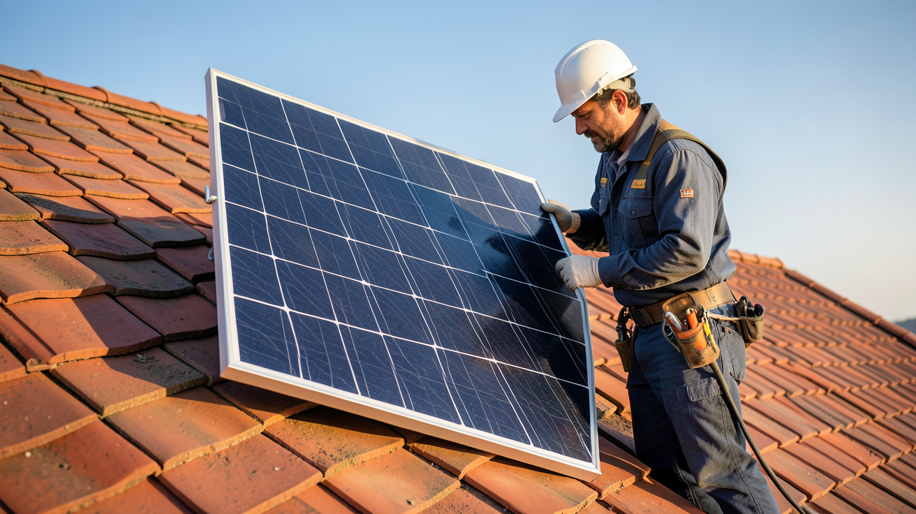 prix panneaux photovoltaïques au m2 en 2026 : installateur tenant un panneau monocristallin de 400W sur un toit en tuiles rouges