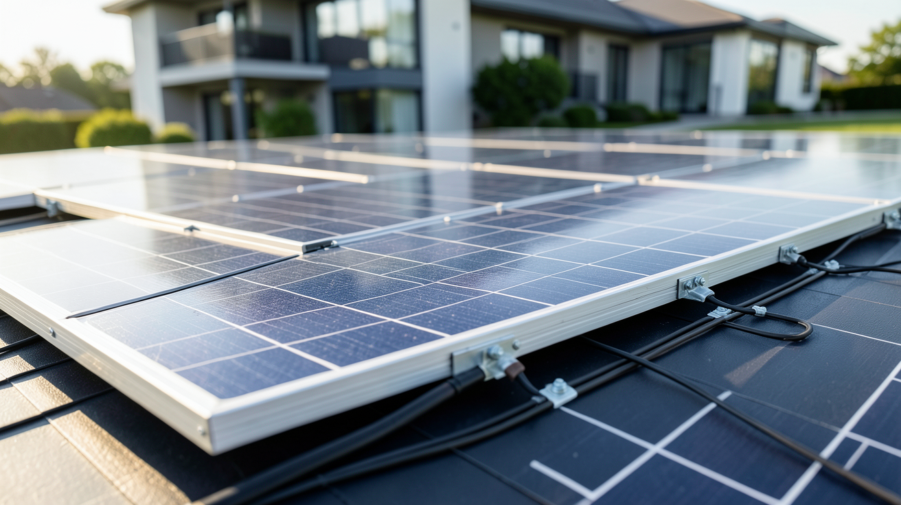 prix panneaux solaire m2 fourchettes 2026 illustrant des panneaux photovoltaïques posés sur un toit avec une surface mesurée au mètre carré