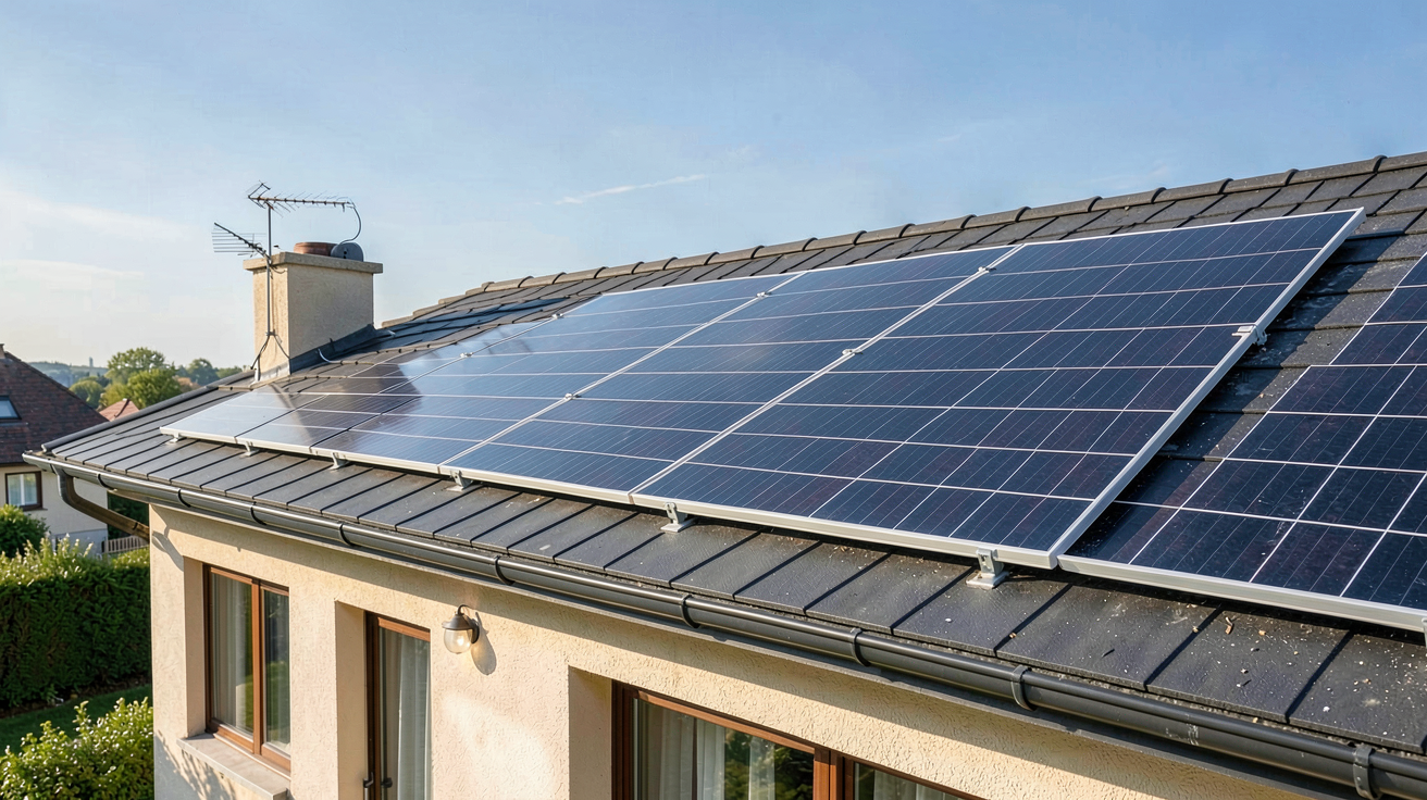 prix de panneaux solaires pour l eau chaude : chauffe-eau solaire installé sur le toit d'une maison avec panneaux thermiques