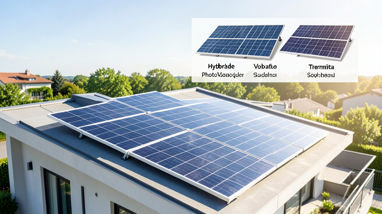 prix panneaux solaires hybrides : comparatif visuel des panneaux hybrides, photovoltaïques et thermiques sur une maison moderne