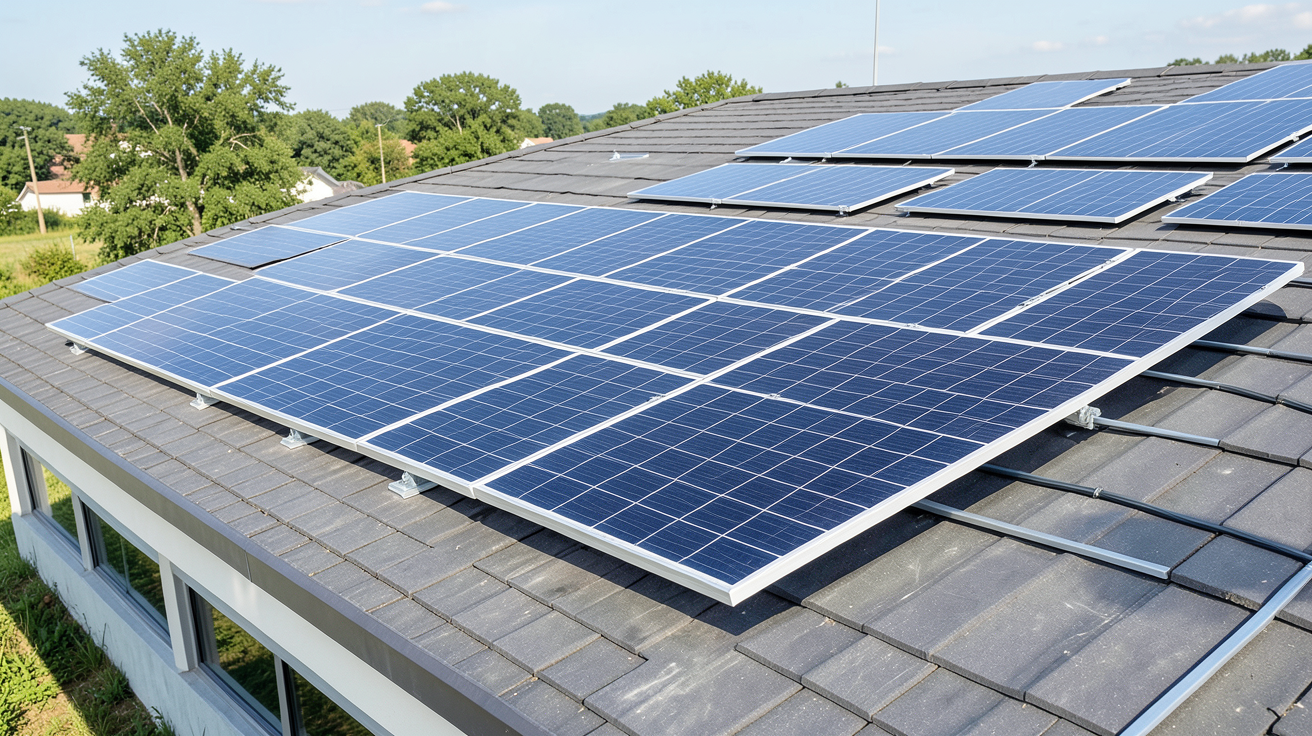 prix panneaux solaires nouvelle génération montrant des panneaux bifaciaux, des tuiles solaires et un système hybride sur une toiture moderne
