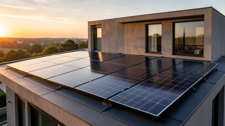 prix panneaux solaires nouvelle génération installés de manière esthétique sur le toit d'une maison contemporaine.