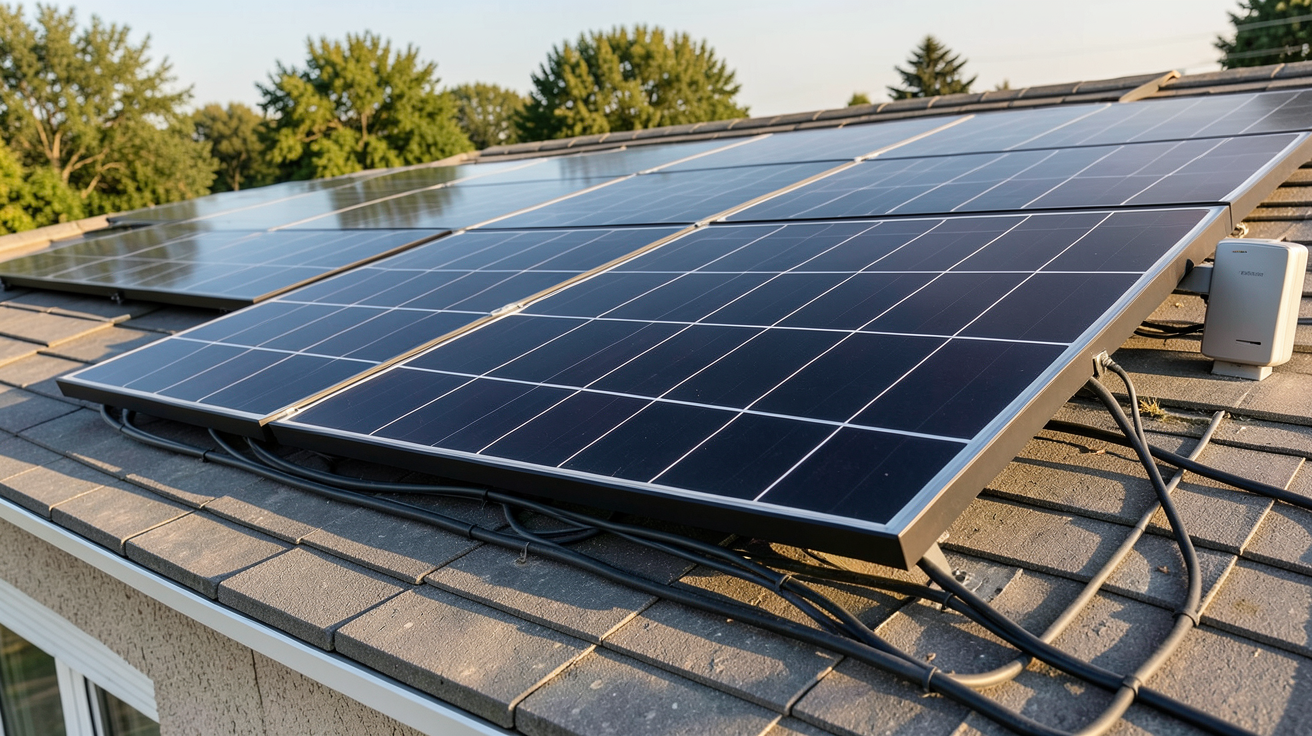 prix panneaux solaires photovoltaïques moins cher : kit solaire économique installé sur un toit de maison