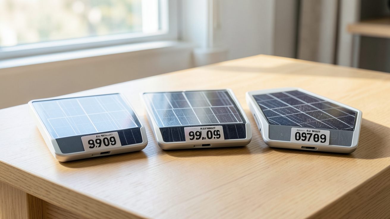 prix panneaux voltaiques comparatif des trois marques les plus compétitives en 2024 posés sur une table en bois
