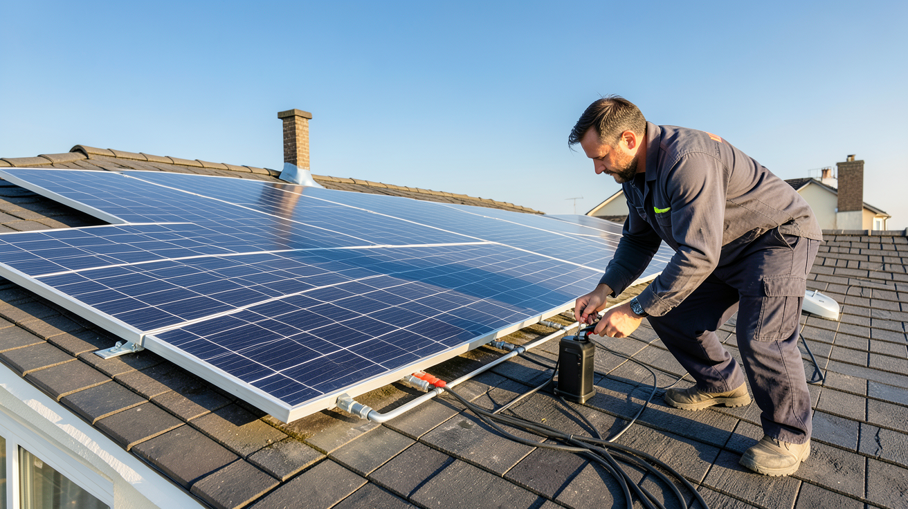 prix photovoltaique 6kw installation de panneaux solaires 6 kW sur un toit de maison avec technicien vérifiant les connexions
