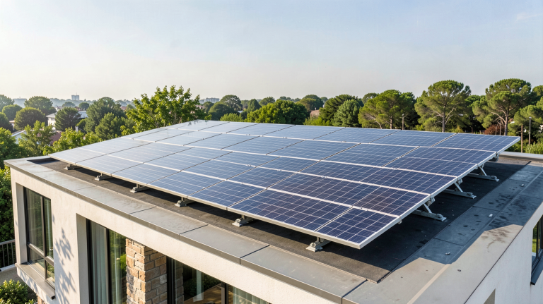 prix photovoltaique 9kw installation de panneaux solaires de 9 kilowatts sur un toit résidentiel, vue en haute résolution et lumière naturelle.