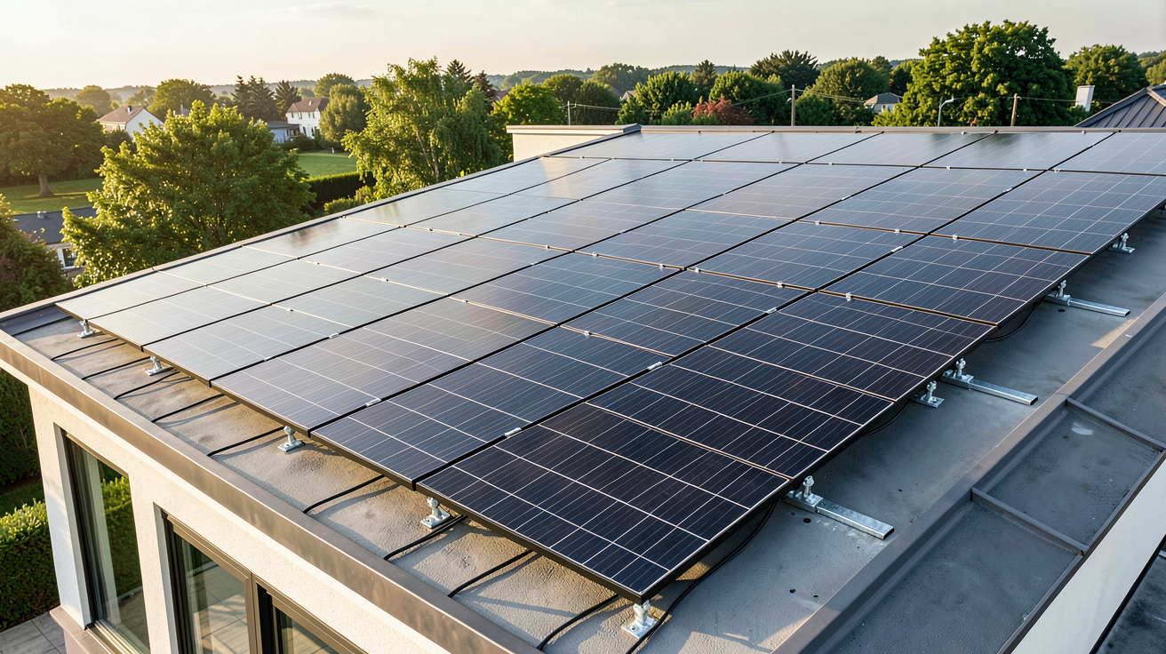 prix photovoltaïque 9 kW installation de 20 panneaux solaires monocristallins noirs sur le toit d'une maison moderne