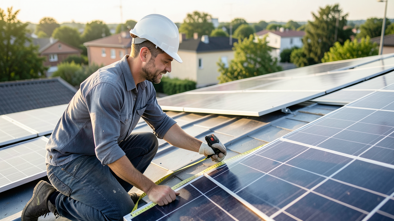 prix photovoltaique au m2 : installateur professionnel mesurant un toit pour évaluer la surface disponible aux panneaux solaires