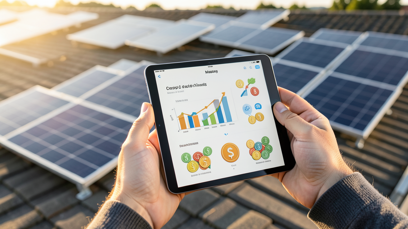 prix photovoltaique autoconsommation illustré par une consultation d'aides financières sur tablette devant des panneaux solaires