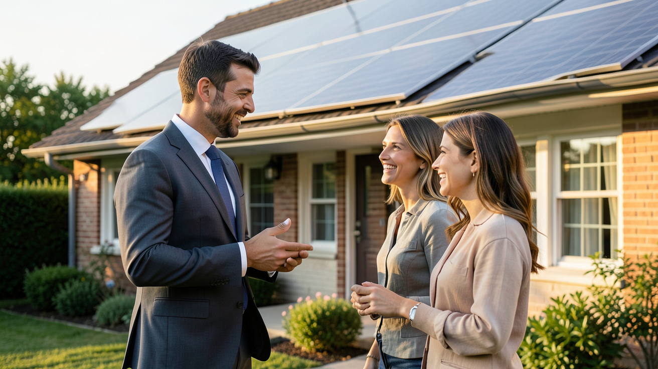 prix photovoltaique : professionnel discutant avec un couple devant une maison équipée de panneaux solaires