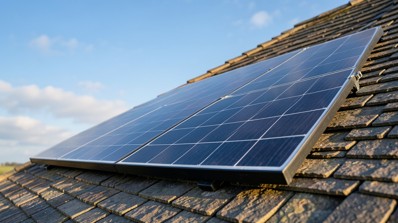 prix photovoltaïque m2 : panneau solaire noir installé sur un toit incliné en ardoise