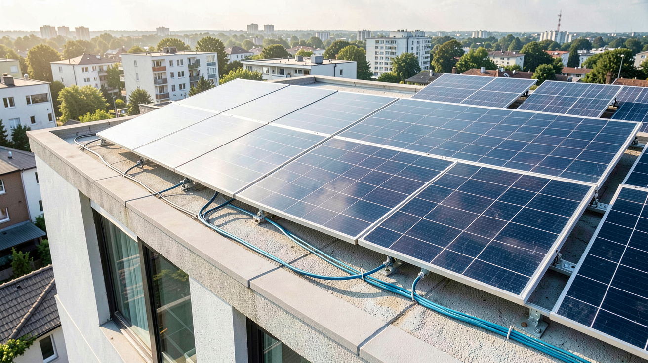 prix photovoltaique m2 de panneaux solaires installés sur le toit d'une maison moderne