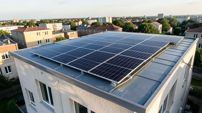 prix photovoltaique maison installation de panneaux solaires sur le toit d'une maison en ville