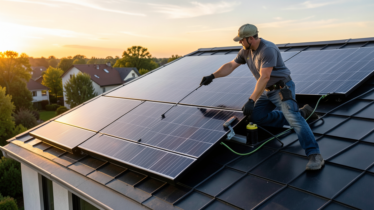 prix plaque photovoltaïque fourchette 2024-2025 : installateur posant une plaque solaire sur un toit moderne