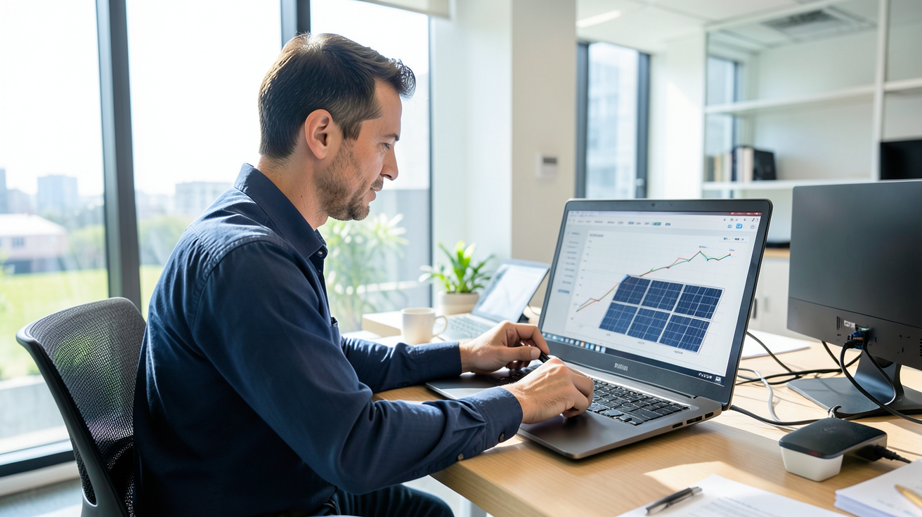prix de pose panneaux photovoltaique calculateur de rentabilité sur 20 ans affiché sur un écran d'ordinateur