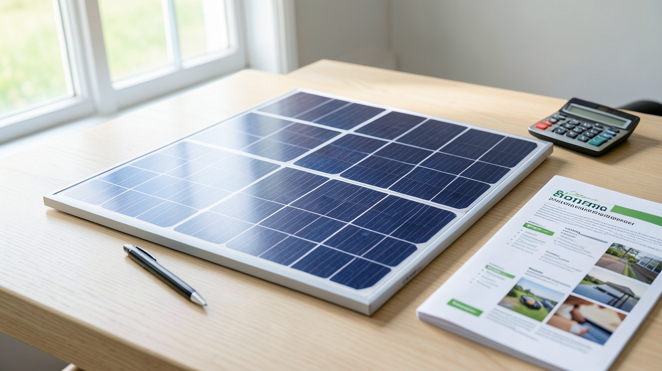 prix pour 8 panneaux photovoltaiques affiché sur un devis posé sur une table avec accessoires