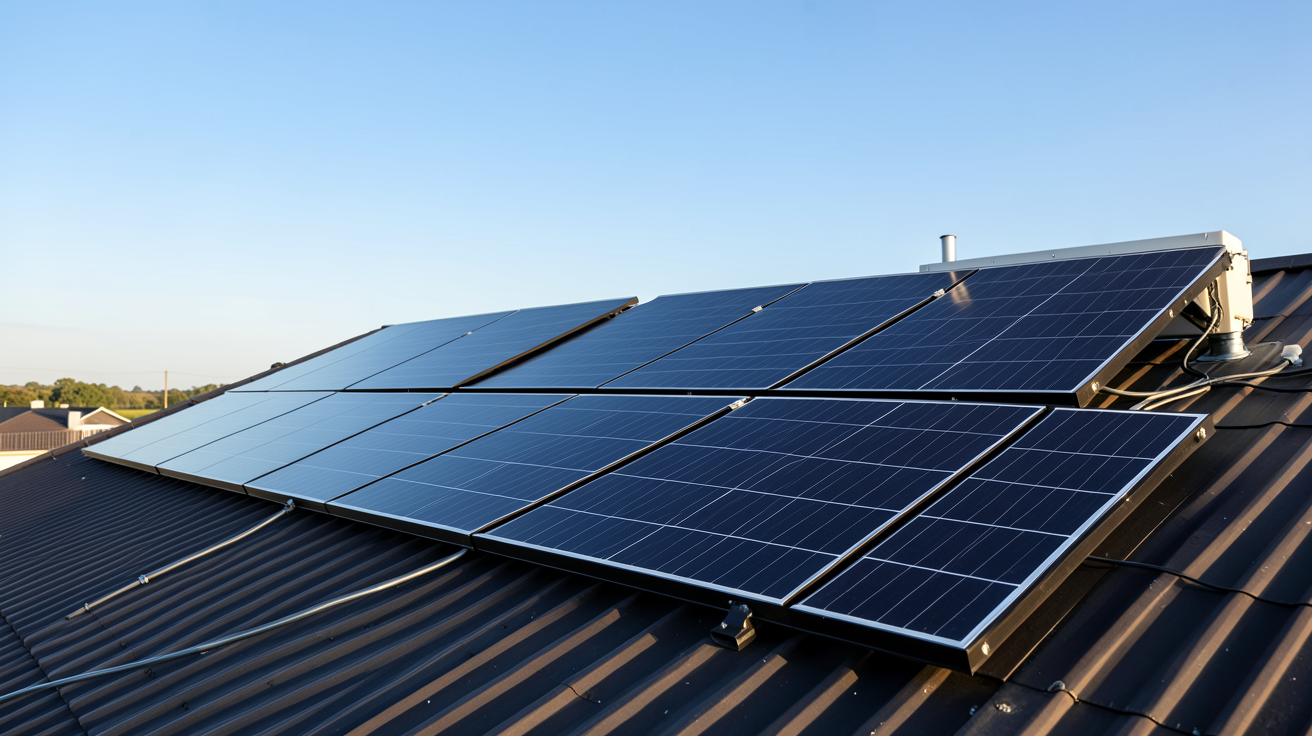 prix pour 8 panneaux photovoltaiques montrant une installation solaire de 8 panneaux noirs sur un toit avec calculateur de rentabilité