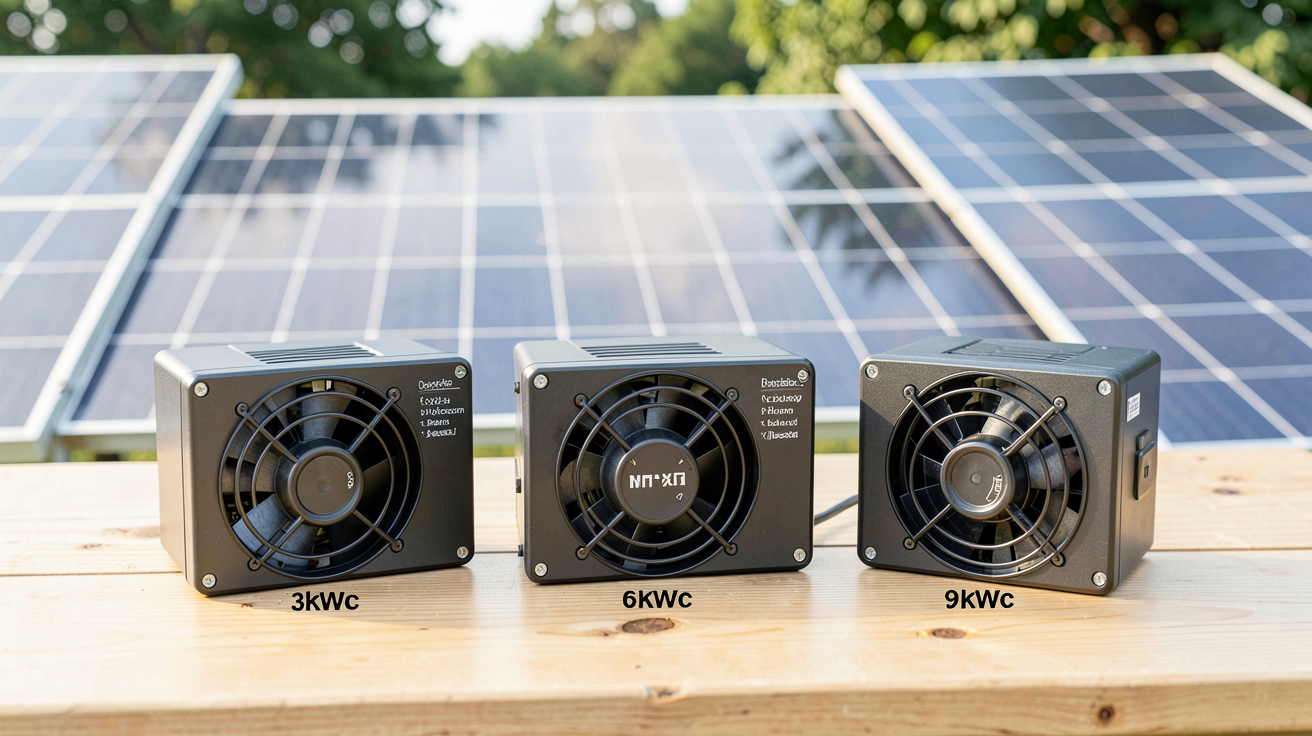 prix pour panneau solaire installation 2026 montrant trois onduleurs de puissances 3kWc, 6kWc et 9kWc sur une table en bois
