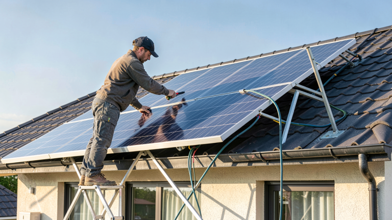 prix pour panneau solaire installation en cours sur le toit d'une maison moderne