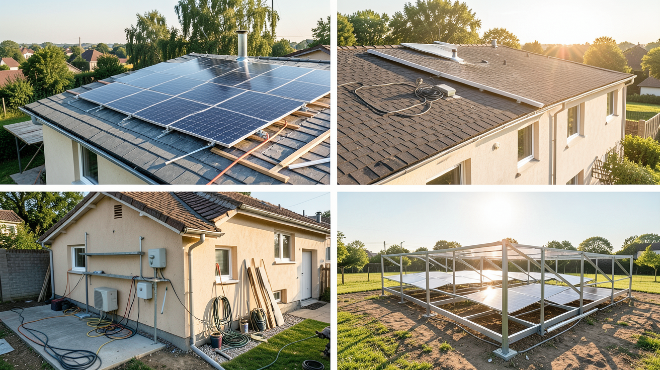 prix pour une installation photovoltaique montrant les trois méthodes de pose : surimposition, intégration au bâti et installation au sol sur une maison