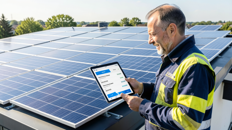 prix pour une installation photovoltaique vue d'un toit avec panneaux solaires modernes et un technicien consultant, illustration réaliste pour les estimations de coût