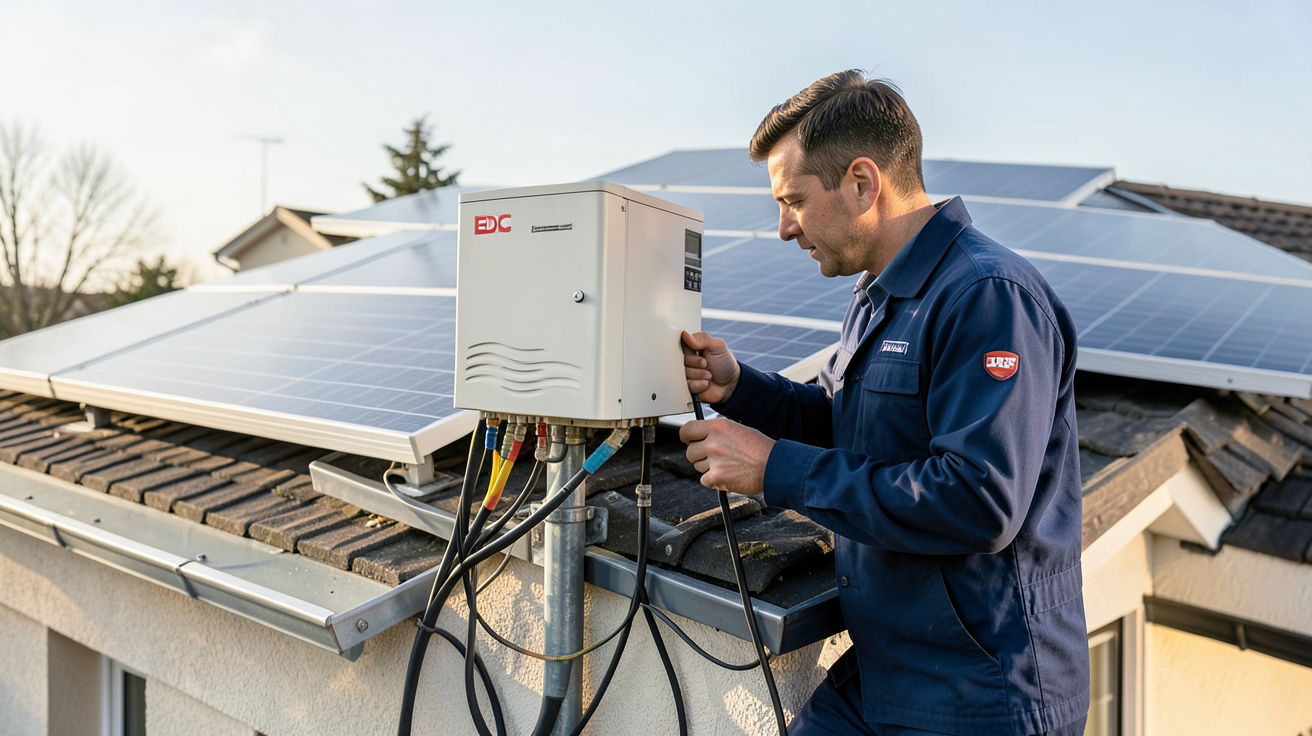 prix raccordement EDF photovoltaïque coût 2025 technicien vérifiant installation sur toit de maison