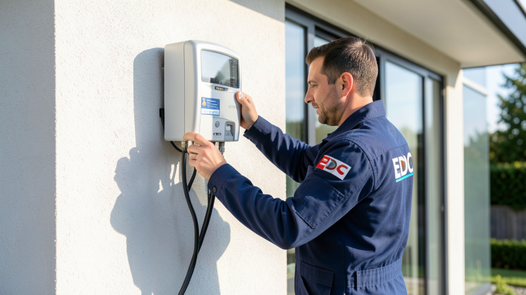 prix raccordement EDF photovoltaïque technicien installant compteur électrique sur maison moderne