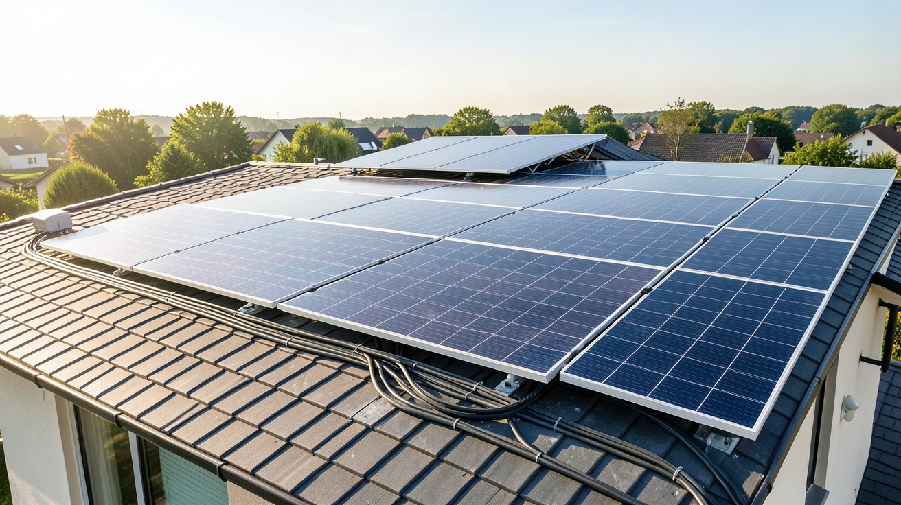 prix solaire photovoltaique installation complète sur toit de maison avec panneaux, onduleur et raccordement