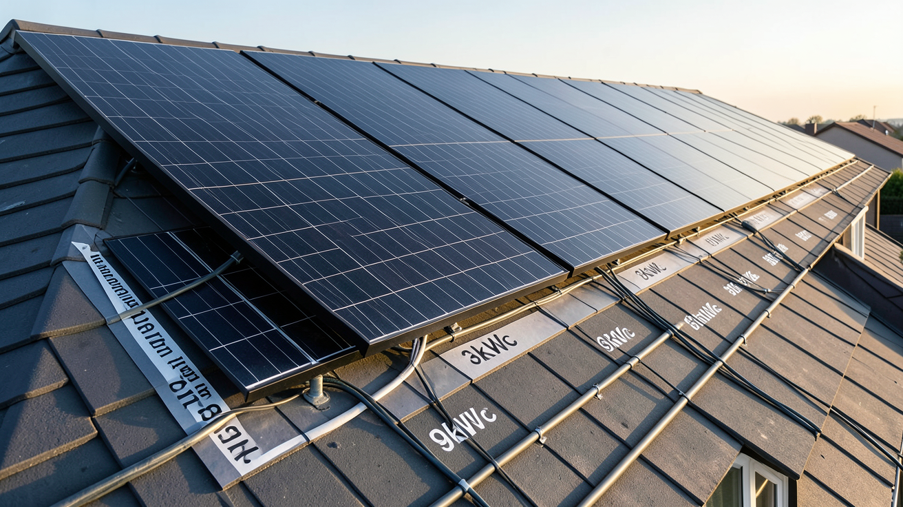 prix solaire photovoltaique : panneaux solaires installés sur un toit résidentiel avec surface marquée pour 3kWc, 6kWc et 9kWc