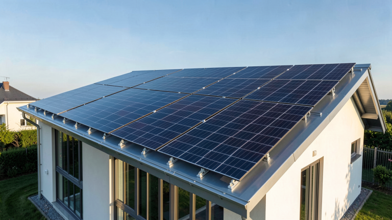 prix toiture photovoltaique sur une maison contemporaine avec des panneaux solaires noirs
