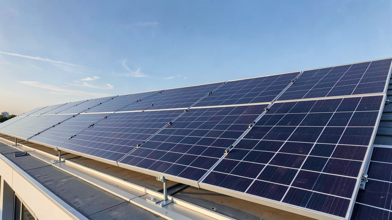 prix toiture photovoltaique : toiture équipée de panneaux solaires monocristallins avec fourchettes de prix affichées en transparence