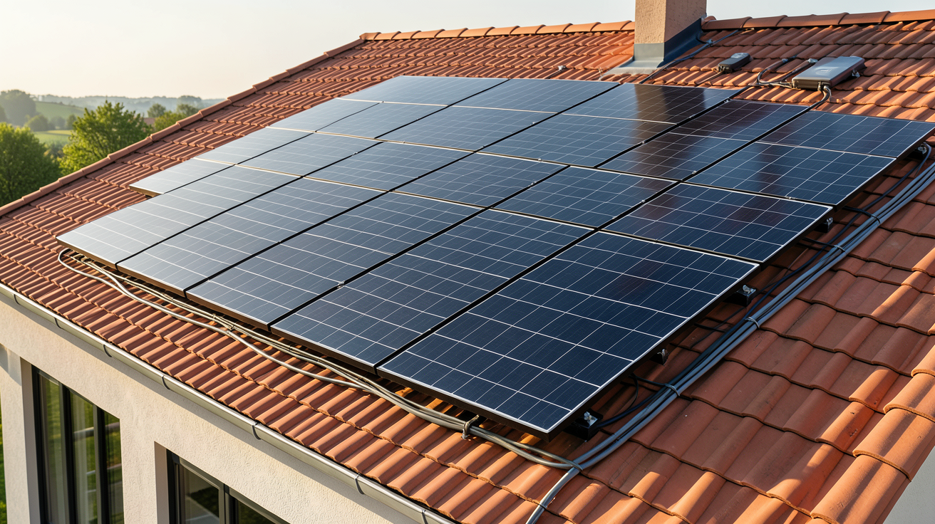 prix toiture solaire : toiture équipée de panneaux photovoltaïques noirs sur une maison moderne