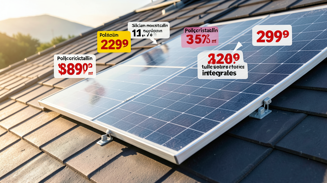 prix tuile photovoltaique 2026 : fourchettes par m² et par type affichés sur des échantillons posés sur un toit