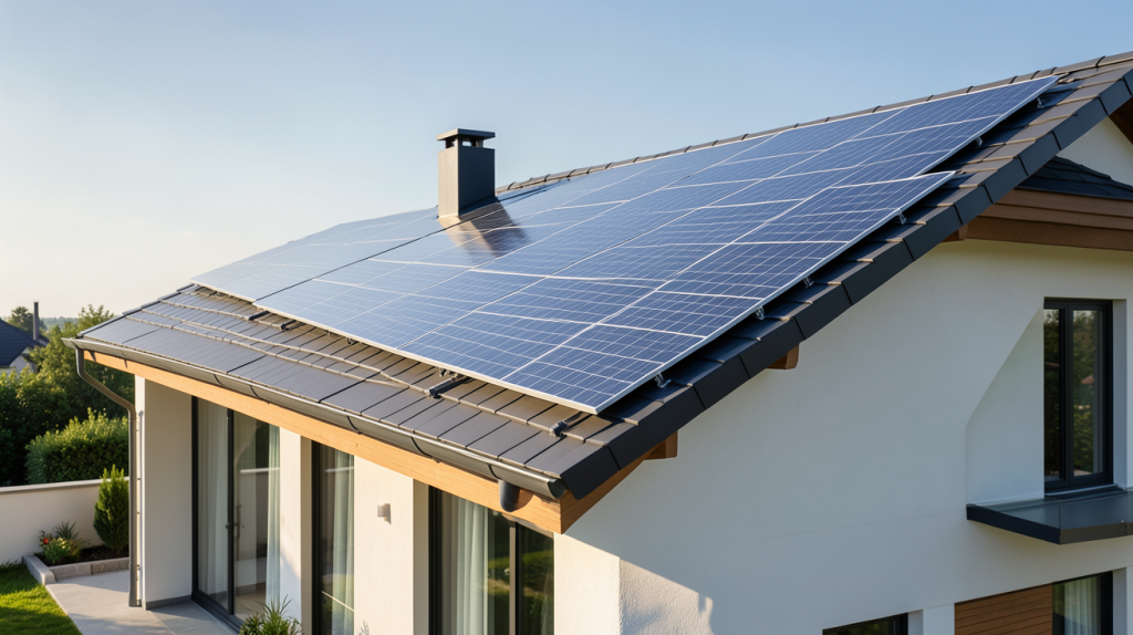 prix tuile photovoltaique sur une toiture moderne d'une maison contemporaine