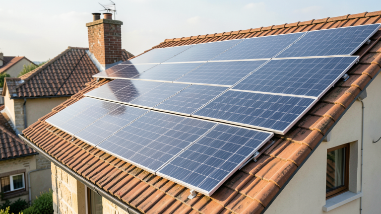 prix tuiles solaires affichés sur un panneau près d'un toit équipé de tuiles photovoltaïques