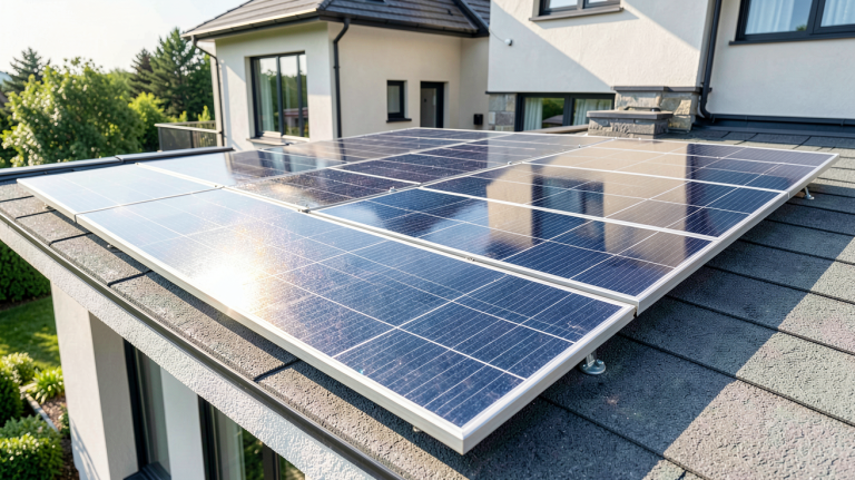 prix un panneau solaire installé sur le toit d'une maison moderne, capturé en haute résolution avec lumière naturelle et reflets réalistes