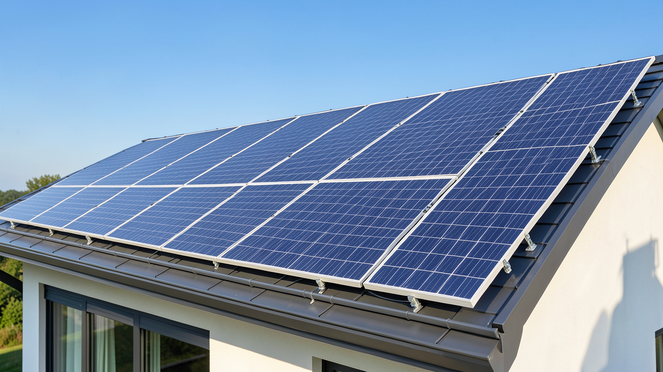 production 12 panneaux photovoltaiques installés sur le toit d'une maison moderne sous un ciel ensoleillé