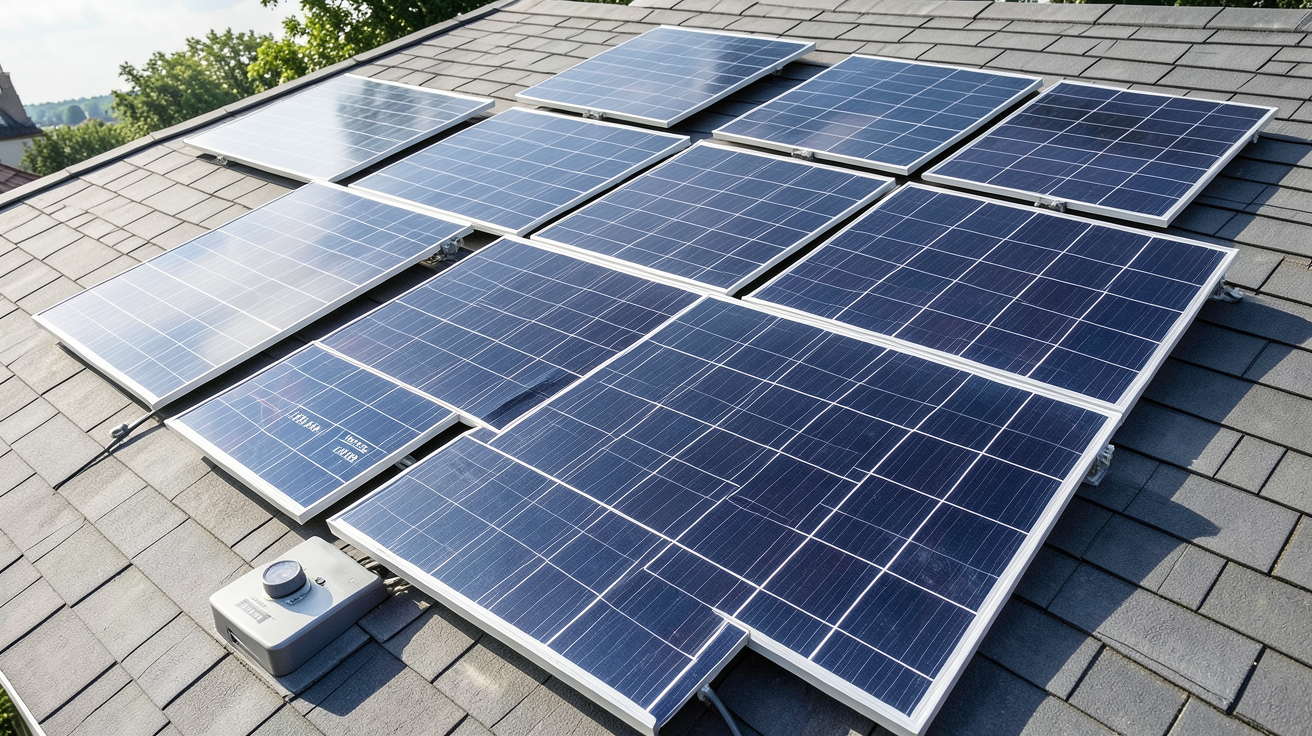 production 12 panneaux photovoltaiques montrant la quantité d'électricité générée par les panneaux sous ensoleillement, vue réaliste et professionnelle.